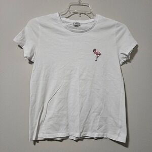 Pimkie Womens White Short Sleeve Flamingo Embroidered Graphic‎ T-Shirt